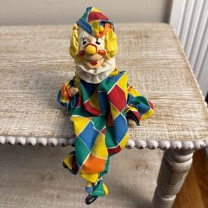 Vintage Hand Painted Clown Sitting, Ceramic & Fabric Body,  6x6